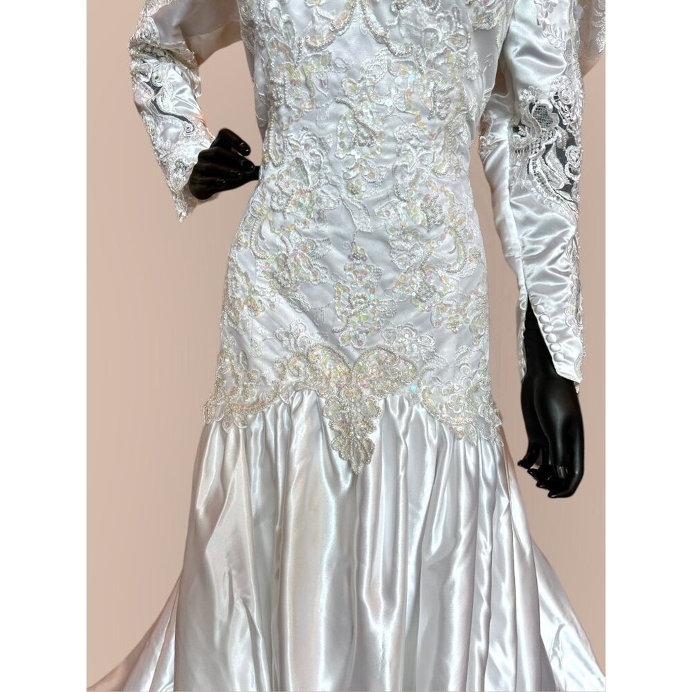 Vintage 90s Lace Sleeve High Neck Wedding Gown - Picture 3 of 8